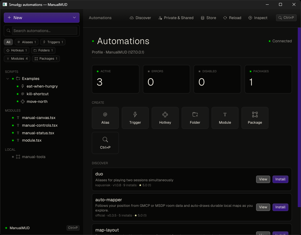 The Automations window with saved aliases, triggers, hotkeys, modules, and packages in the sidebar The Automations window with saved aliases, triggers, hotkeys, modules, and packages in the sidebar