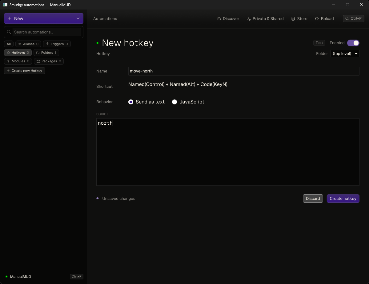 A text hotkey named move-north with its shortcut and north action A text hotkey named move-north with its shortcut and north action