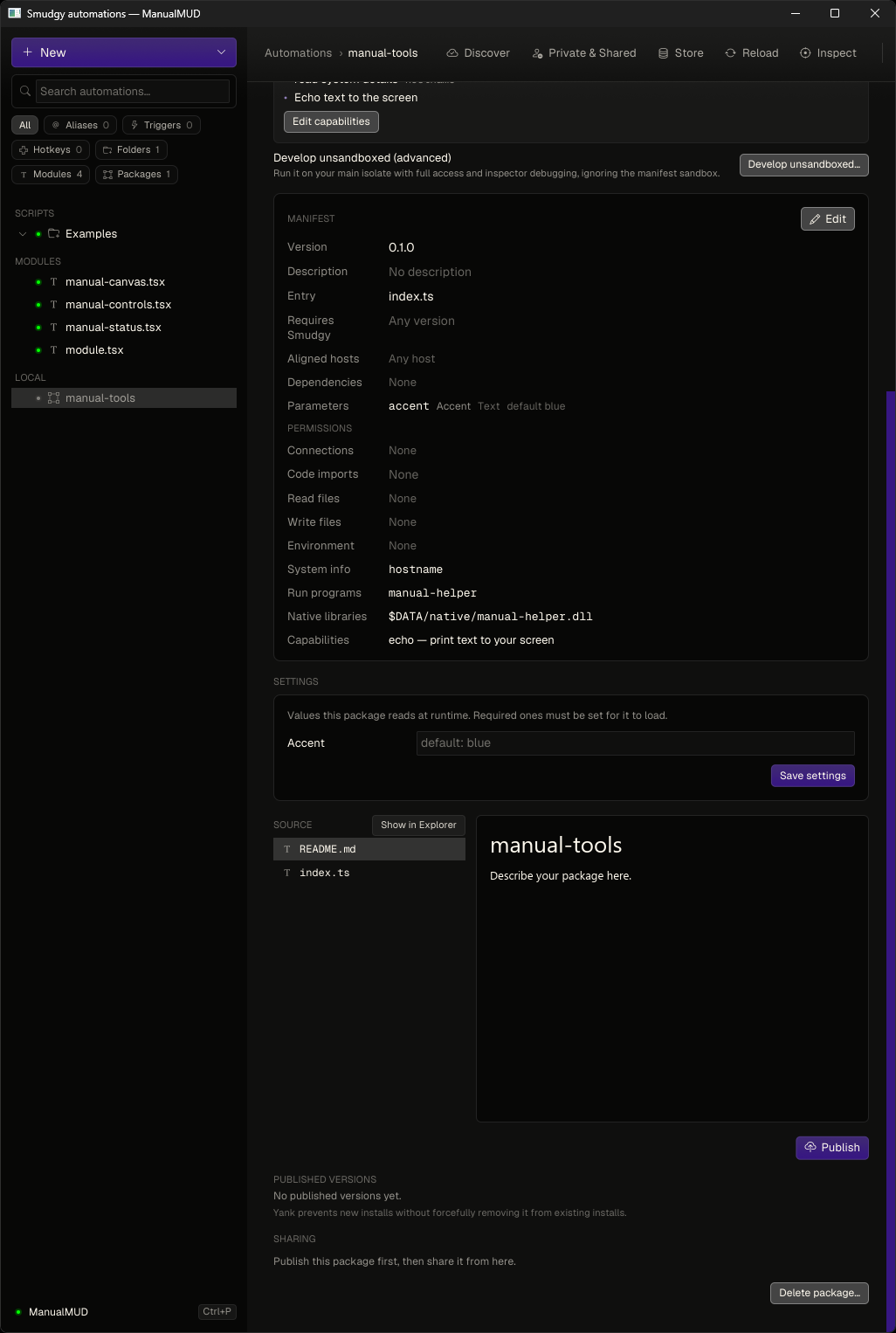 A local package detail showing its source files, manifest summary, sandbox status, and publish action
