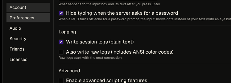 The Logging section with session logs enabled and raw logging disabled