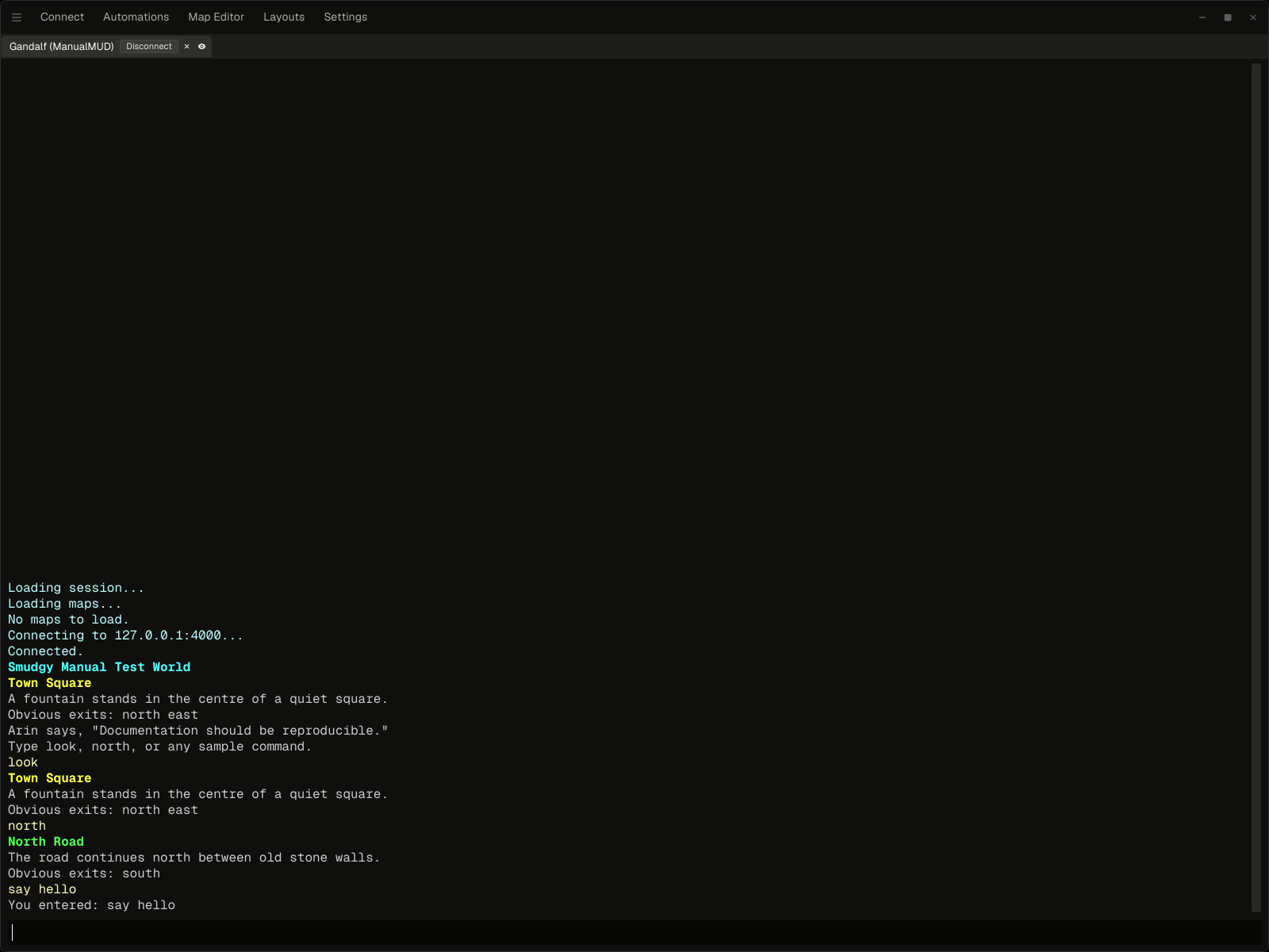The main smudgy window with the toolbar, output pane, pane header, and command input labelled
