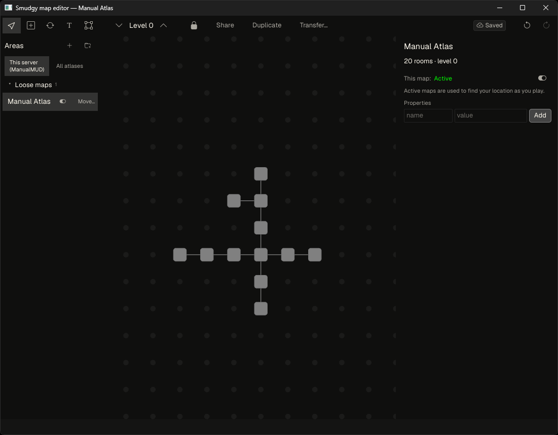The Map Editor with the area list, canvas, toolbar, inspector, level control, and sync status labelled