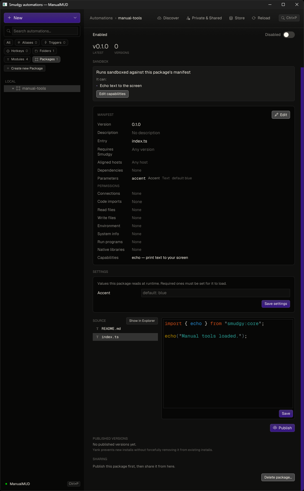 The structured package manifest editor with identity, version, dependencies, parameters, and capabilities sections The structured package manifest editor with identity, version, dependencies, parameters, and capabilities sections