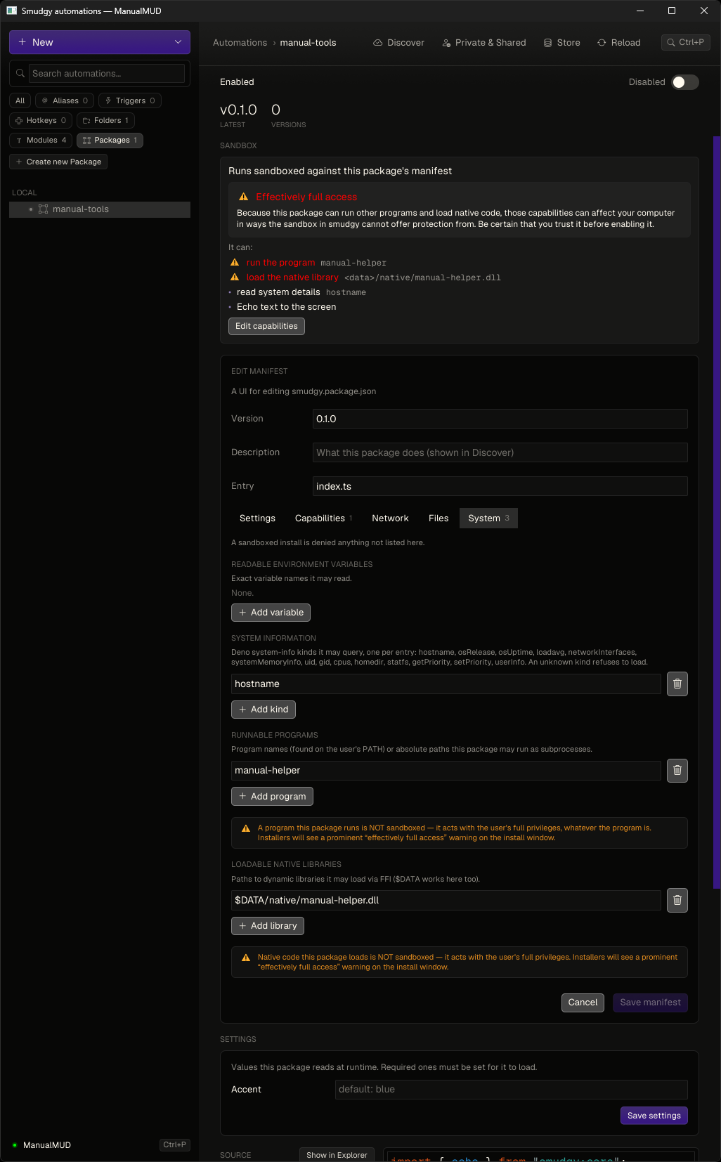 The package manifest System tab with scoped run and FFI entries and their full-access warnings The package manifest System tab with scoped run and FFI entries and their full-access warnings