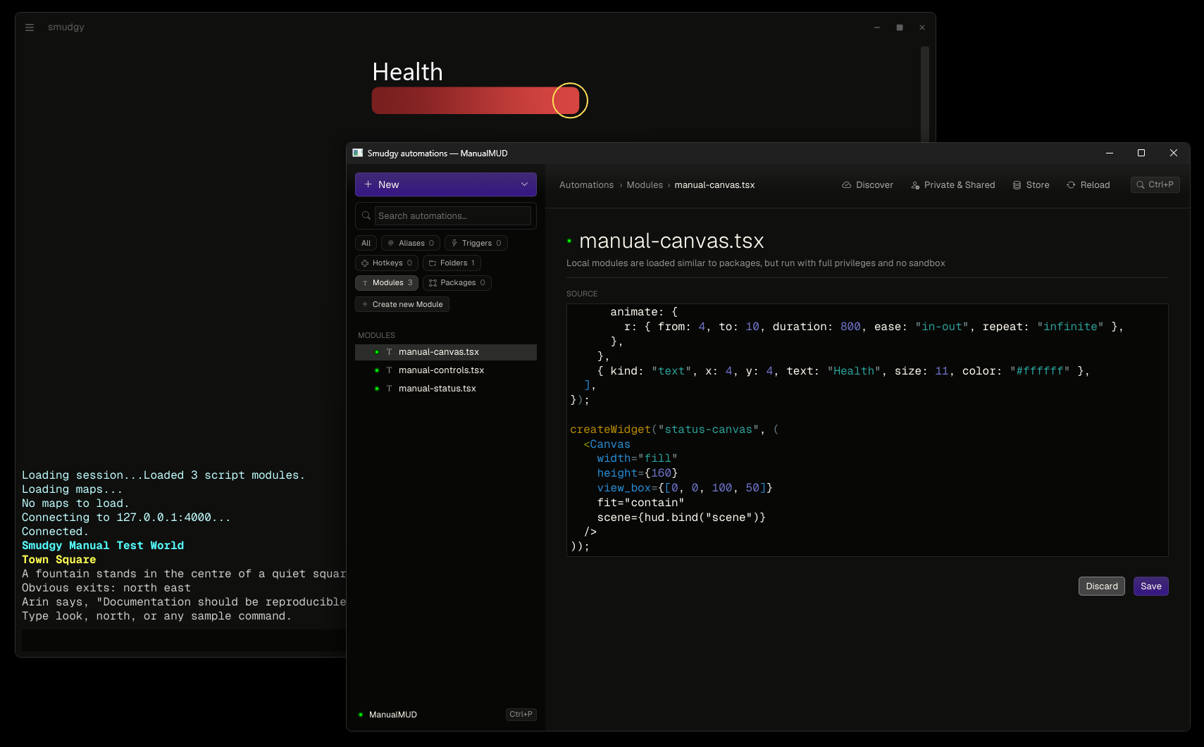 An animated status canvas beside the TypeScript scene records that draw it An animated status canvas beside the TypeScript scene records that draw it