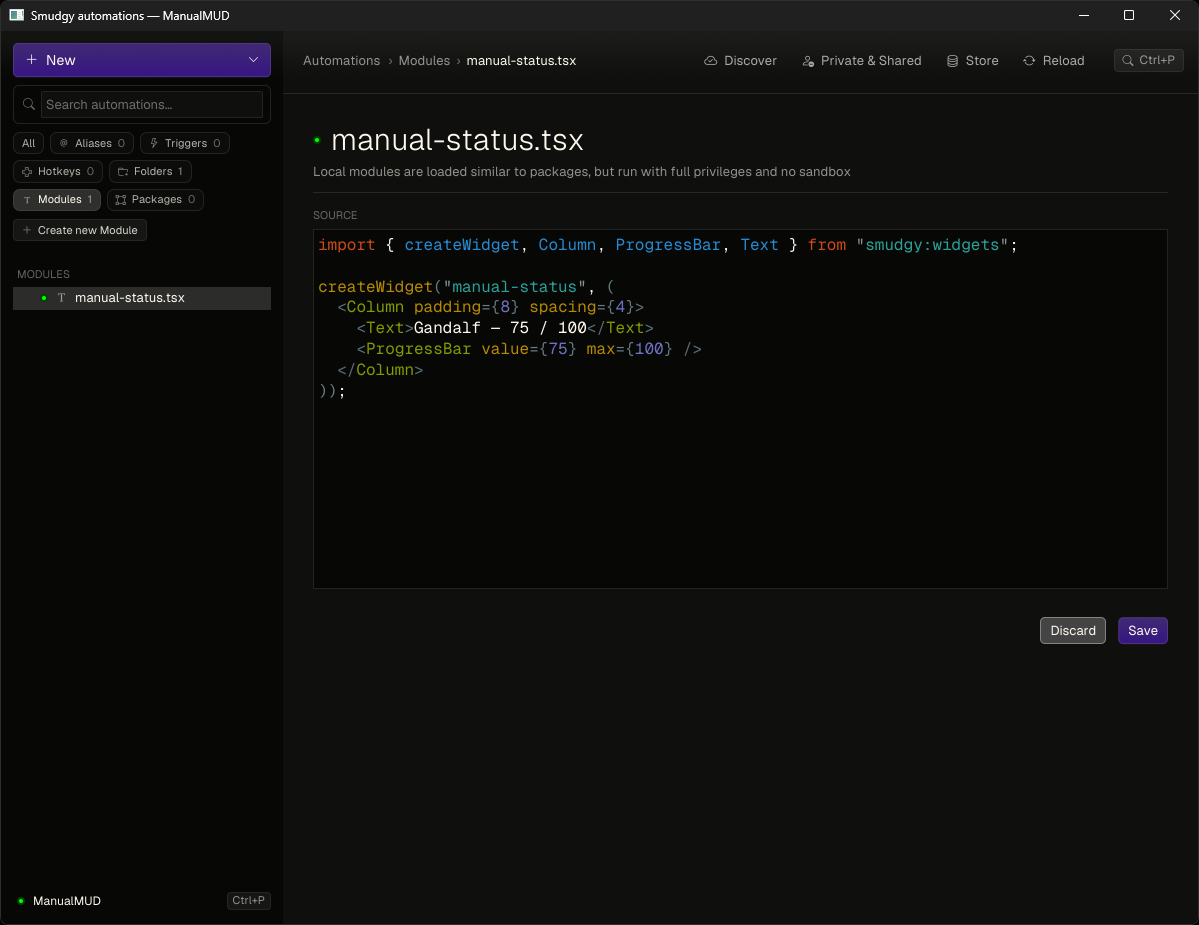 A TypeScript module open in the Automations editor with save state and syntax highlighting visible